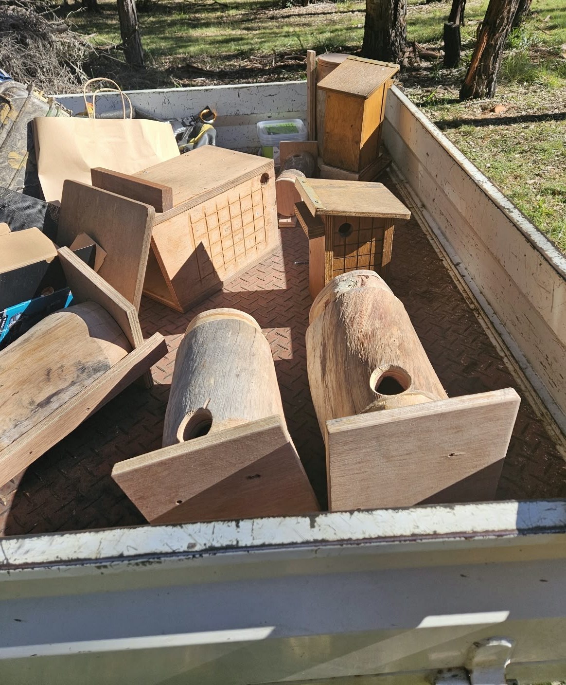 A trailer load of carved habitat hollows and nest boxes, ready to go out to site.
